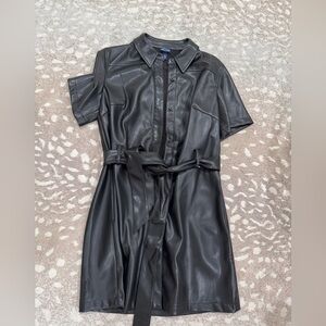 Black Faux Leather Shirt Dress with Tie Belt